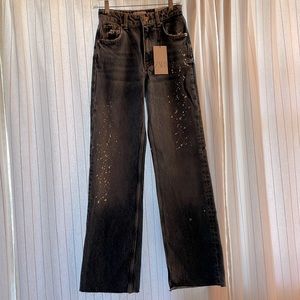 Zara wide leg jeans with white paint or bleach splatter detail